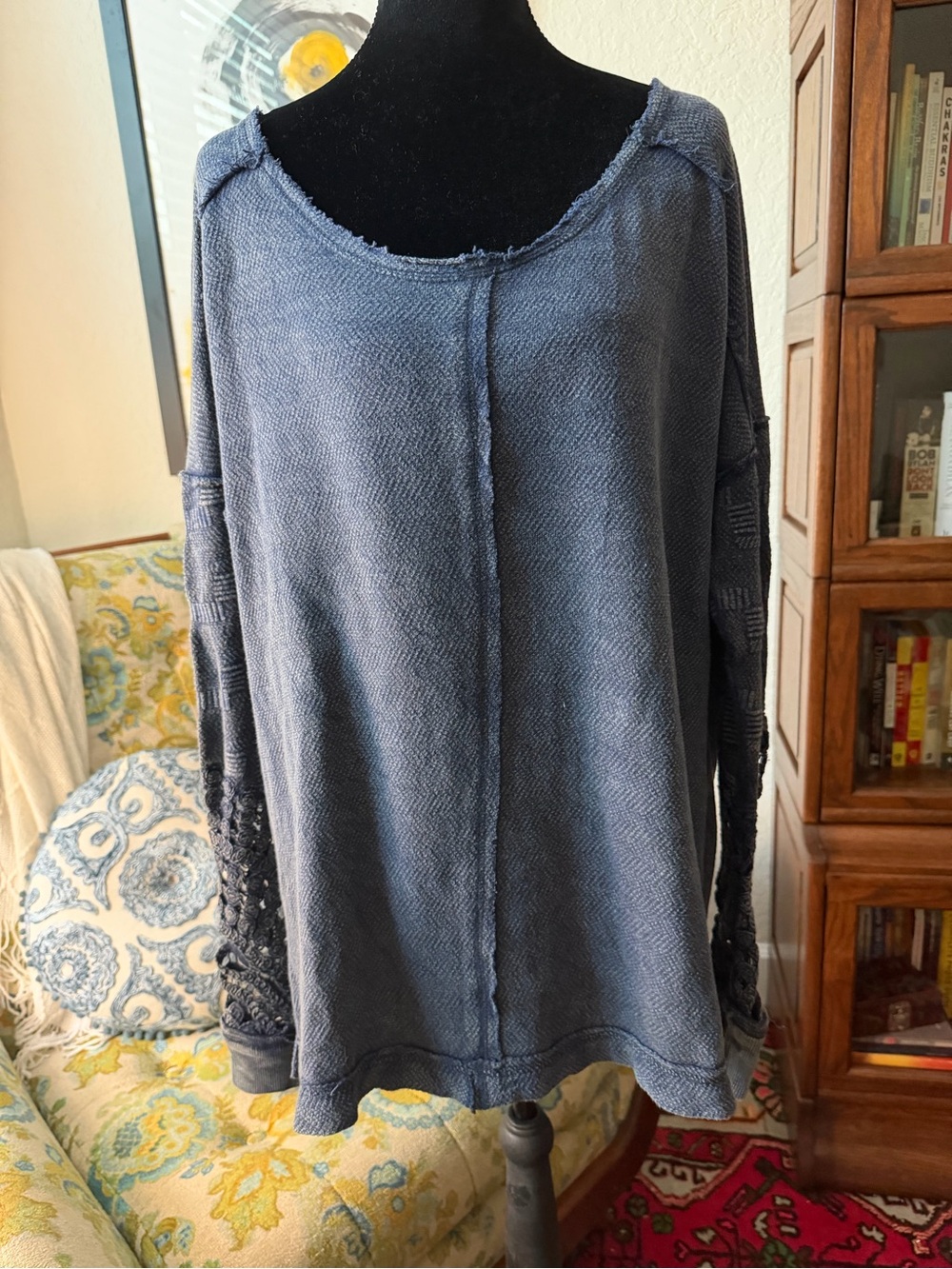 Free People Navy Crochet Lace Sleeve Oversized Lightweight Sweatshirt Boho